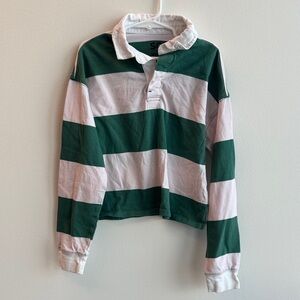 Green and White Striped Kids Button Down Polo Longsleeve Shirt